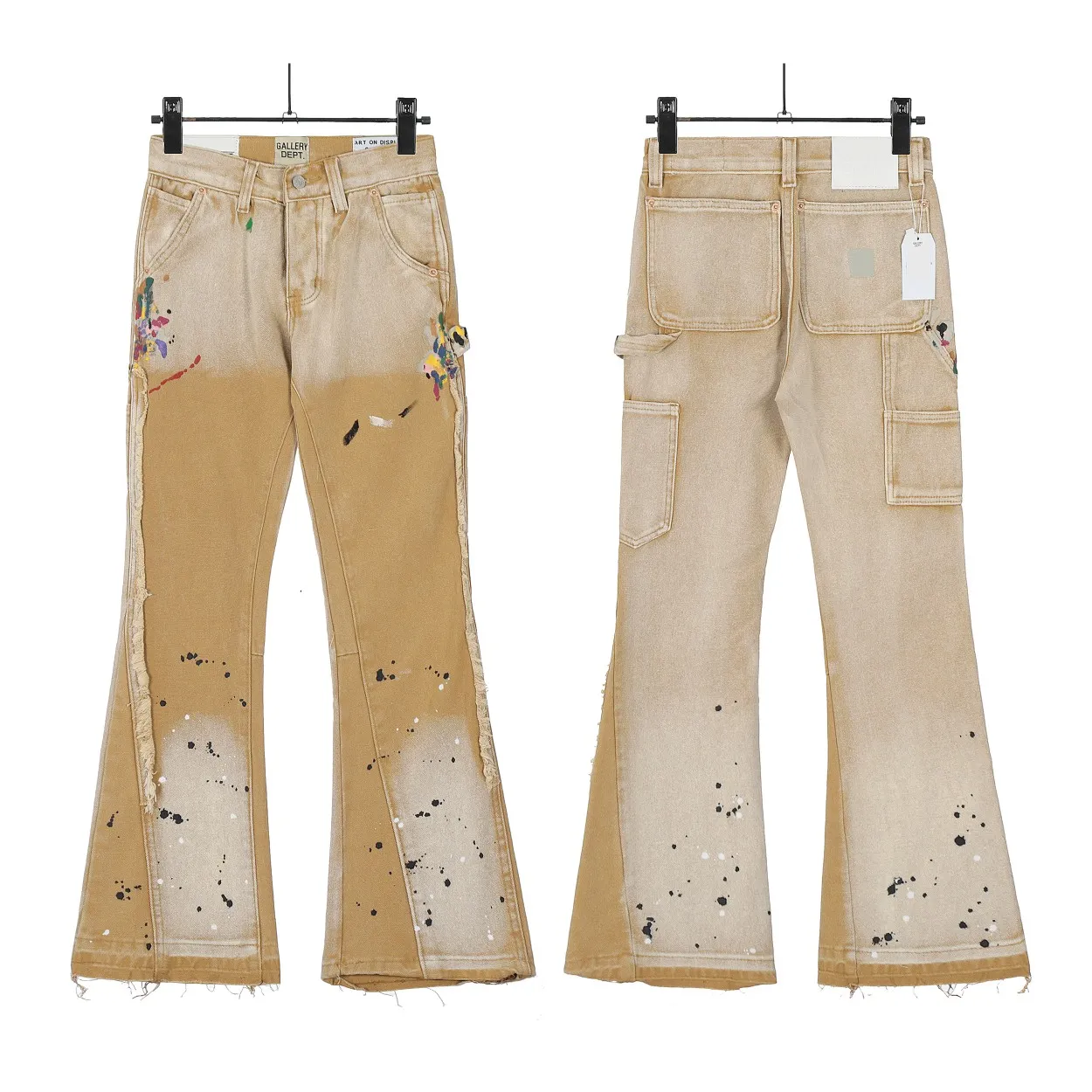 #8129 P250💰 GALLERY DEPT American retro splash-ink splicing micro-horn logging overalls raw edge jeans - Original purchase and pattern making to truly restore the ultimate texture of Vintage - Original hardware accessories, washed and other elevators, QR code analysis are all purchased from the original factory, high degree of restoration, welcome to compare with a certain product~ - Three-dimensional version Loose and comfortable, not picky about the figure, taller and slimmer, factory Seiko, original factory quality control, same style for men and women, can be matched with couples Versatile recommendation: must-have jeans for all seasons Size: S-XXL (28-36)